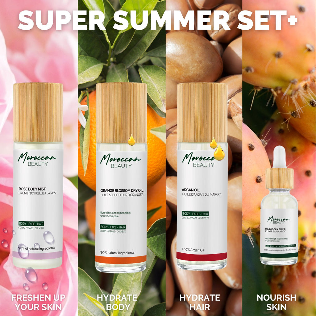 SUPER SUMMER SET+ - HYDRATE, PROTECT & FRESHEN - +99% NATURAL - BODY, FACE & HAIR - MOROCCAN BEAUTY